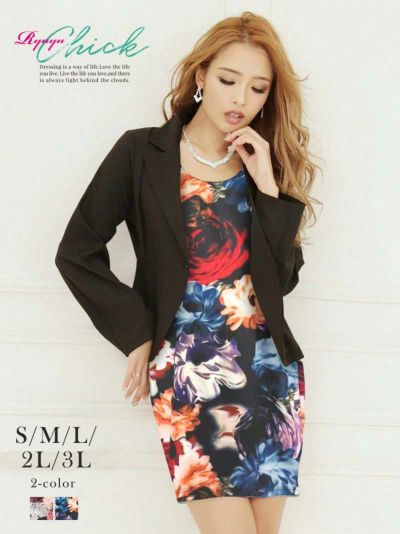 濃淡花柄ジャケット付きワンピーススーツ【RyuyuChick】(S/M/L/2L/3L)(ブラック/ブラックB)