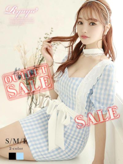 【訳ありアウトレット】袖付きcuteチェック韓国キャバミニドレス【Ryuyu】(S/M/L)(ブラック/ブルー)