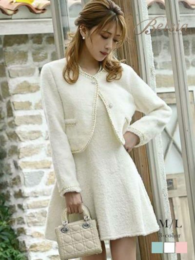 式スーツSALE￥7980→￥6384！ ショートモヘア風ミニ丈ワンピーススーツ 加賀美早紀 着用【Belsia】(M/L)(ホワイト/ピンク/グリーン)