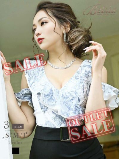 【訳ありアウトレット】フラワーフリル袖キャバクラミニドレス【Belsia】(S/M/L)(ブラック)