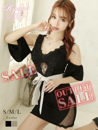 【訳ありアウトレット】ウエストリボンストレッチキャバミニドレス【Ryuyu】(S/M/L)(ブラック/グレージュ)
