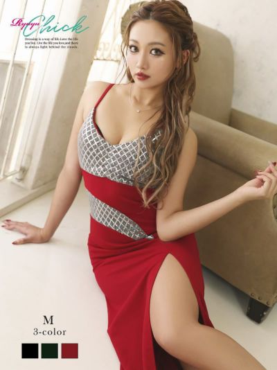 ゾロ目SALE￥4378→￥2555！ スパンコール深スリットタイトロングドレス りおん 着用キャバクラドレス【RyuyuChick】(M)(ブラック/レッド/グリーン)