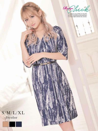 袖付き柄大人ワンピース あいさ あいみん 着用 キャバワンピース【RyuyuChick】(S/M/L/XL)(ベージュ/ブラック/ネイビー)