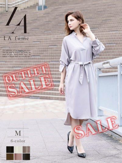 【訳ありアウトレット】上品クールゆったり膝丈キャバワンピース【LAfume】(M)(ブラック/ホワイト/カーキ/グレー/ピンク/ネイビー)