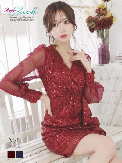 シアー袖煌きスパンコール体系カバーミニドレス【RyuyuChick】(M/L)(ネイビー/レッド)