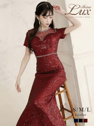 ※一部予約販売※総スパンコール袖付きタイトロングドレス 加賀美早紀 着用キャバドレス【BelsiaLUX】(S/M/L)(ブラック/レッド/ブルー)