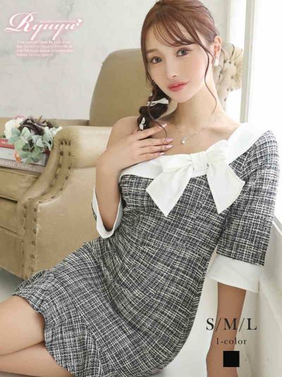 ※一部予約販売5月再入荷※マーメイドラインミックスツイード韓国風ワンピース【Ryuyu】(S/M/L)(ブラック)