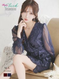 ※一部予約販売※スパンコールシアー袖付きミニドレス【RyuyuChick】(M/L)(ネイビー/レッド)