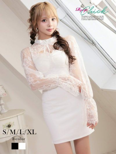 ※一部予約販売※バストカットレース袖タイトミニドレス あいさ 着用 キャバドレス【RyuyuChick】(S/M/L/XL)(ブラック/ホワイト)