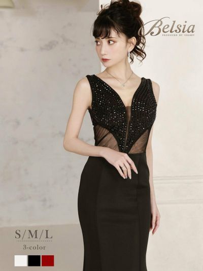 煌きスパンコールシアーロングドレス 加賀美早紀 着用キャバドレス【Belsia】(S/M/L)(ブラック/レッド/ホワイト)