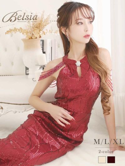 煌めきシャンデリアビーズインポートロングドレス 武田静加 着用キャバドレス【Belsia】(M/L/XL)(レッド/オフホワイト)