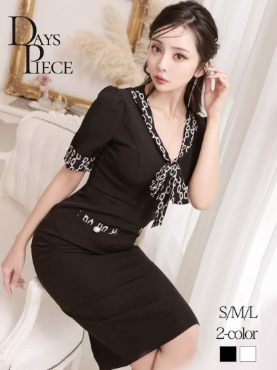 セレブ柄リボンミディ丈韓国風ワンピース KANO 着用 ラウンジワンピース【DAYS PIECE】(S/M/L)(ブラック/ホワイト)