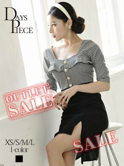 【訳ありアウトレット】袖付きチェック柄アシメ韓国キャバワンピース【DAYS PIECE】(XS/S/M/L/XL)(ブラック)