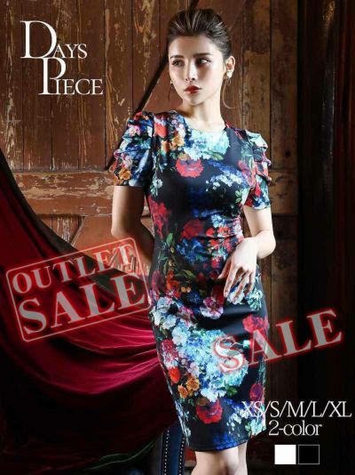 【訳ありアウトレット】綺麗フラワー袖付き韓国キャバワンピース【DAYS PIECE】(XS/S/M/L/XL)(ブラック/ホワイト)