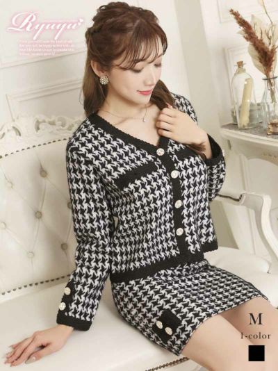 スーツFINALSALE￥8228→￥5759！ 千鳥格子セットアップニットキャバスーツ【Ryuyu】(M)(ブラック)