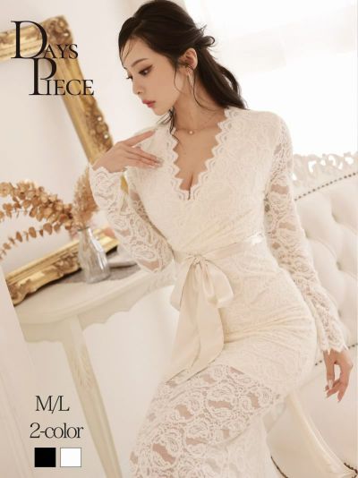 ニット総レース袖付きロングワンピース KANO 着用 韓国風ワンピース【DAYS PIECE】(M/L)(アイボリー/ブラック)