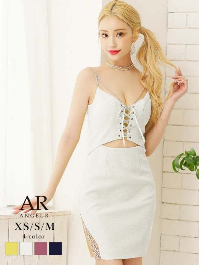【Angel R/エンジェルアール】キャミ谷間バストレースアップタイトミニキャバドレス(XS/S/M)(ホワイト/ネイビー/パープル/イエロー)