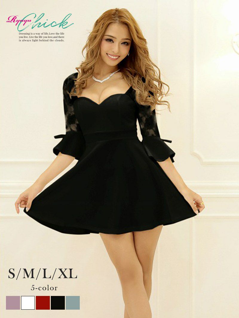 華やかフレア袖レースミニドレス【RyuyuChick】