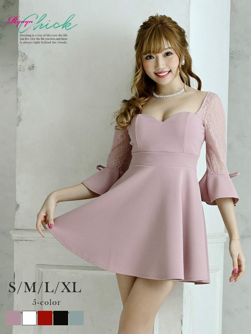 優雅なフレア袖のミニ丈レースドレス【RyuyuChick】