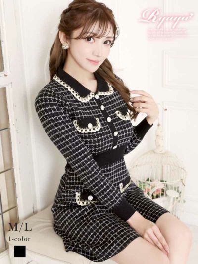 パイピングツイード長袖ニットキャバワンピース【Ryuyu】(M/L)(ブラック)