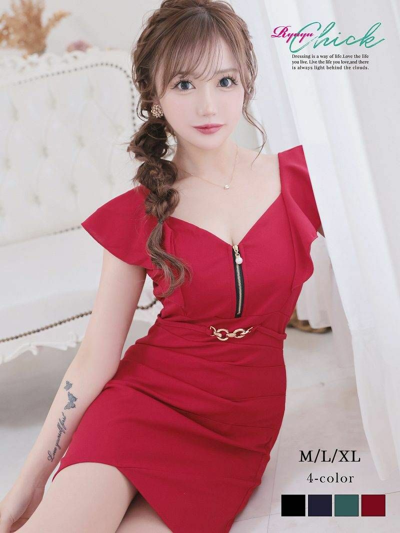 ※一部予約販売※フロントジップビットベルト付きミニドレス　りせり 着用 キャバドレス【RyuyuChick】