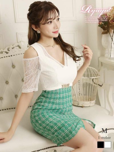 オープンショルダーツイード膝丈キャバドレス れいたぴ 着用ミニドレス【Ryuyu】(S/M/L)(ブラック/ホワイト)