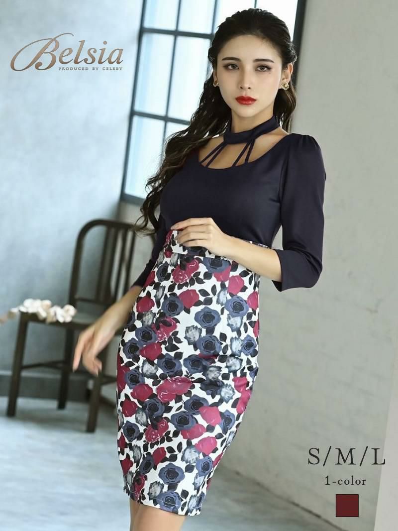 花柄×バイカラー ハイウエストミニドレス【Belsia】