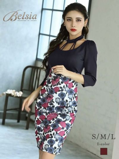 MAX半額SALE￥6980→￥6282！ 花柄×バイカラー ハイウエストミニドレス【Belsia】(S/M/L)(ネイビー/ワイン)
