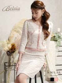 式スーツSALE¥9480→¥8532! ツイード膝丈ノーカラーキャバクラスーツ 加賀美早紀 着用キャバスーツ 【Belsia】(S/M/L/XL(2L))(ブラック/ピンク)
