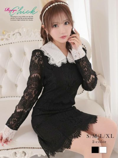 ※一部予約販売※韓国風ドーリーレース袖付きワンピース りせり 着用 キャバドレス【RyuyuChick】(S/M/L/XL)(ブラック/ホワイト)