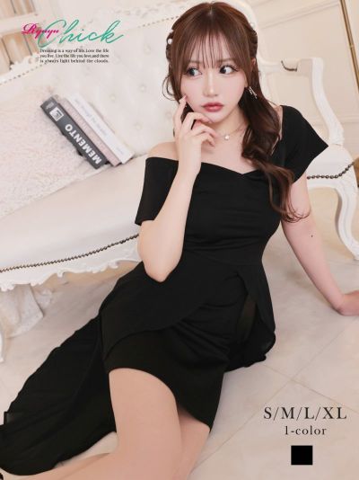 オフショル袖付き黒ミニドレス りせり 着用 キャバドレス【RyuyuChick】(S/M/L/XL)(ブラック)