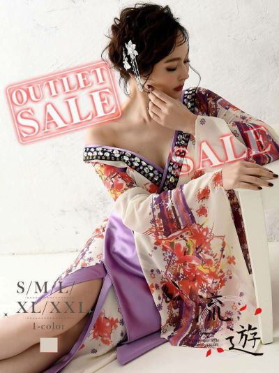 【訳ありアウトレット】花魁美女の遊郭風なセクシー和柄ドレス【流遊】(S/M/L/XL/XXL)(ベージュ)