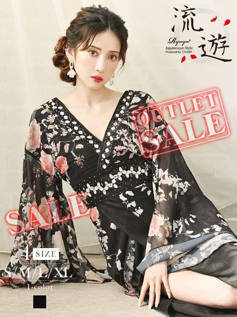 【訳ありアウトレット】漆黒の優美大人ブラック袖付き和柄ドレス【流遊】