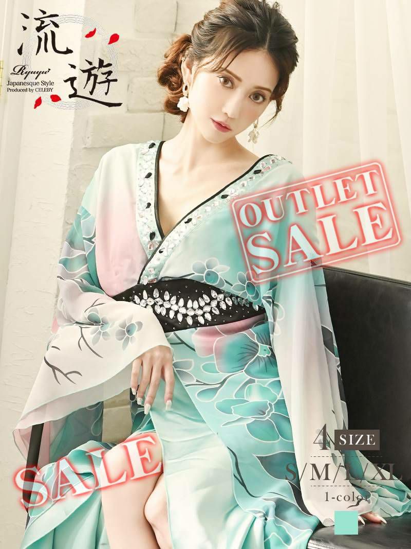 【訳ありアウトレット】翠や碧の和色テイストが綺麗セクシー和柄ドレス【流遊】