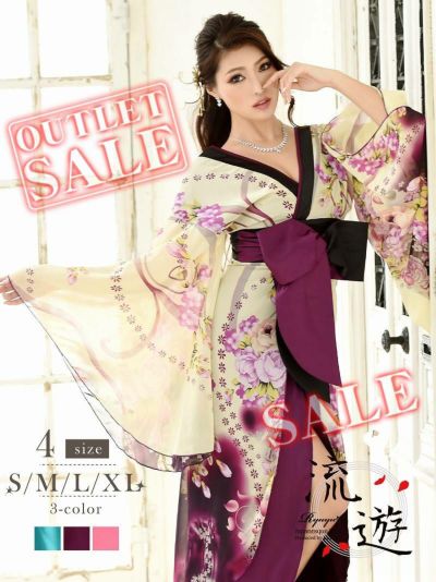 【訳ありアウトレット】カラー豊富な花柄シフォン花魁風和柄ドレス【流遊】(S/M/L/XL)(ピンク/グリーン/パープル)