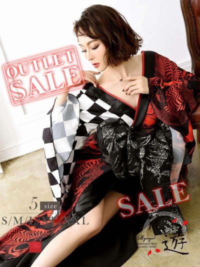 【訳ありアウトレット】市松模様と深紅の半身帯デザイン和柄ドレス【流遊】(S/M/L/XL/XXL)(レッド)