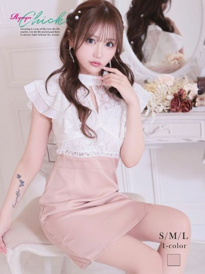 先行予約10%OFF￥3980→￥3582！ ※予約販売※バイカラーレースフリル袖ミニドレス りせり 着用 キャバドレス【RyuyuChick】(S/M/L)(ピンク)