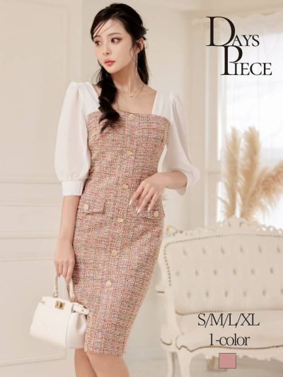 ※一部予約販売※ラメツイードシフォン袖付き韓国ワンピース KANO 着用 大人ワンピース【DAYS PIECE】(S/M/L/XL)(ピンク)