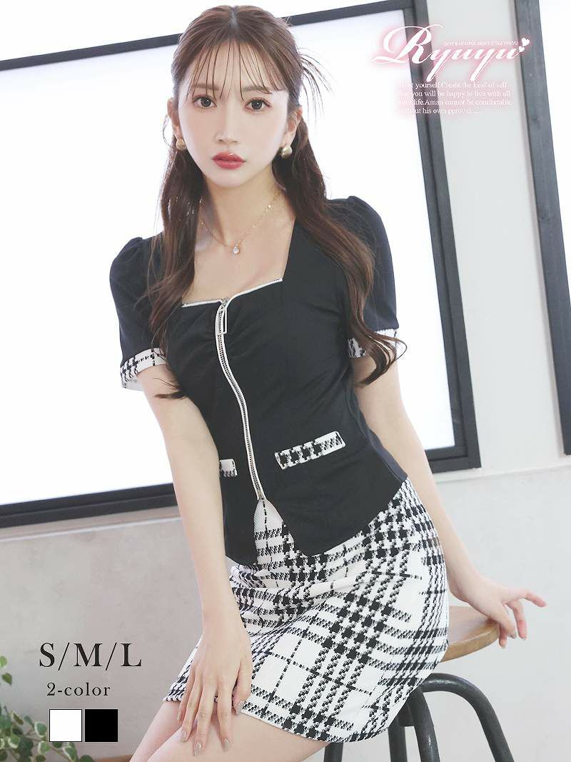チェック×韓国風モノトーン袖付きセットアップドレス【Ryuyu】