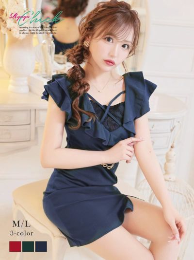※一部予約販売※細魅せフリル袖付きキャバドレス りせり 着用 ミニドレス【RyuyuChick】(M/L)(グリーン/ネイビー/ワイン)