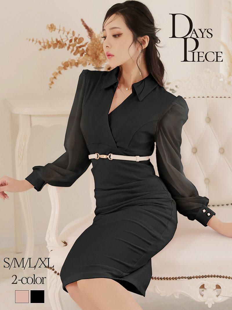 襟付きシフォン袖キャバワンピース KANO 着用 ミディドレス【DAYS PIECE】