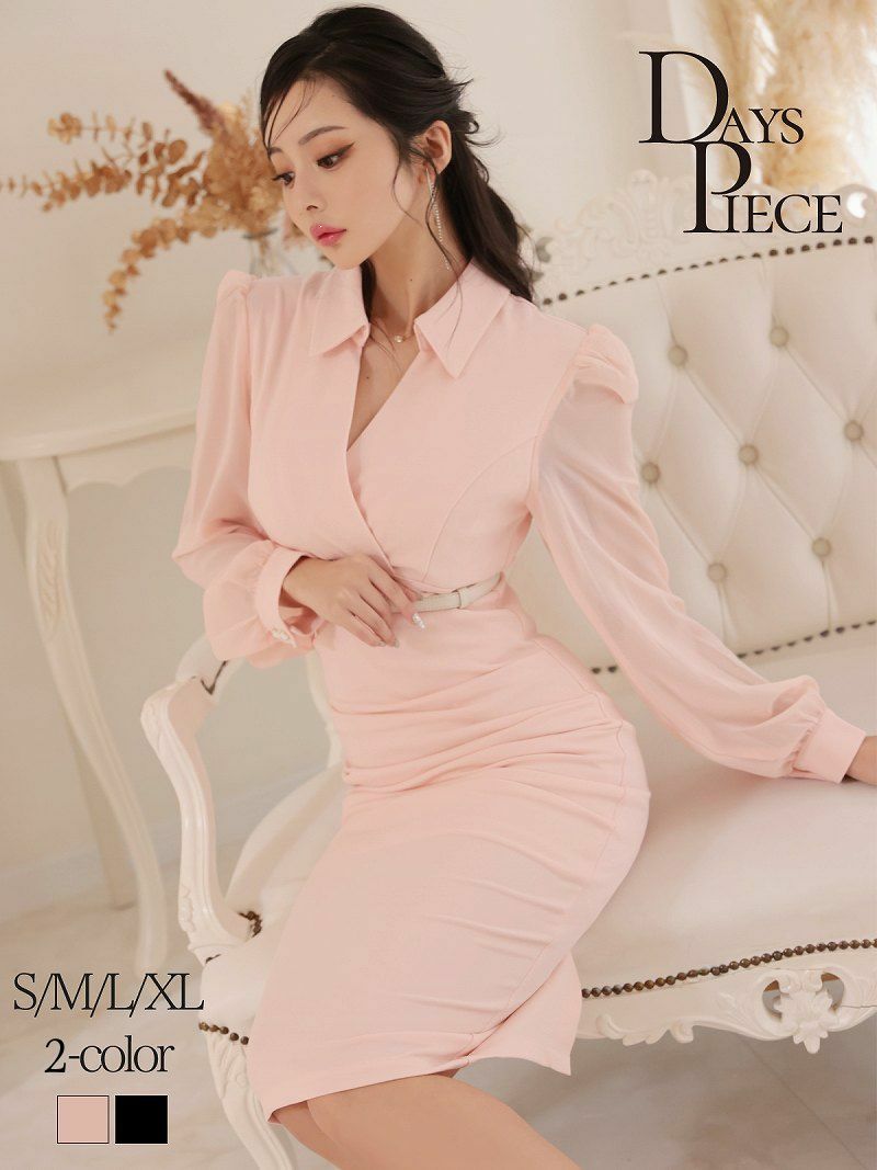 襟付きシフォン袖メディ丈韓国風ワンピース KANO 着用 キャバワンピース【DAYS PIECE】