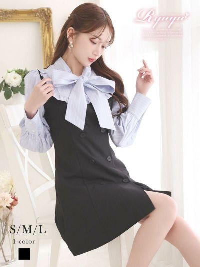 ※一部予約販売※レイヤード風韓国風シャツワンピース【Ryuyu】(S/M/L)(ブラック)