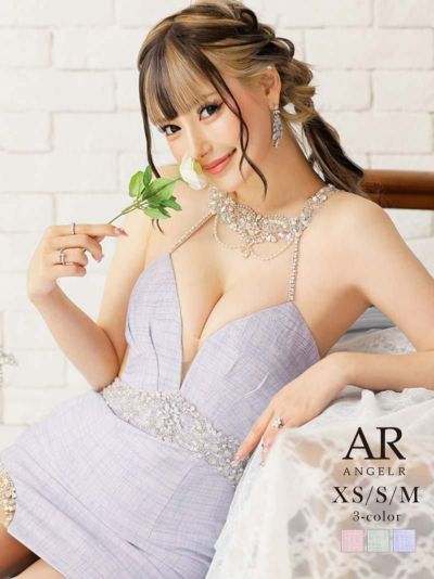 【Angel R/エンジェルアール】ツイードホルターネックビジュータイトミニキャバドレス(XS/S/M)(レモンブルー/ピンクホワイト/ラベンダーブルー)
