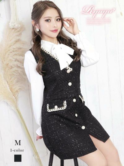 切り替えレイヤード袖付シャツ風ミニ丈キャバワンピース【Ryuyu】(M)(ブラック)