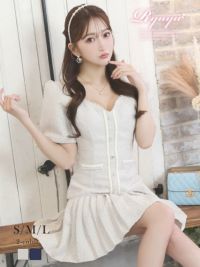 Aラインフリル袖付きキャバ可愛いミニ丈キャバワンピース【Ryuyu】(S/M/L)(ネイビー/ベージュ)