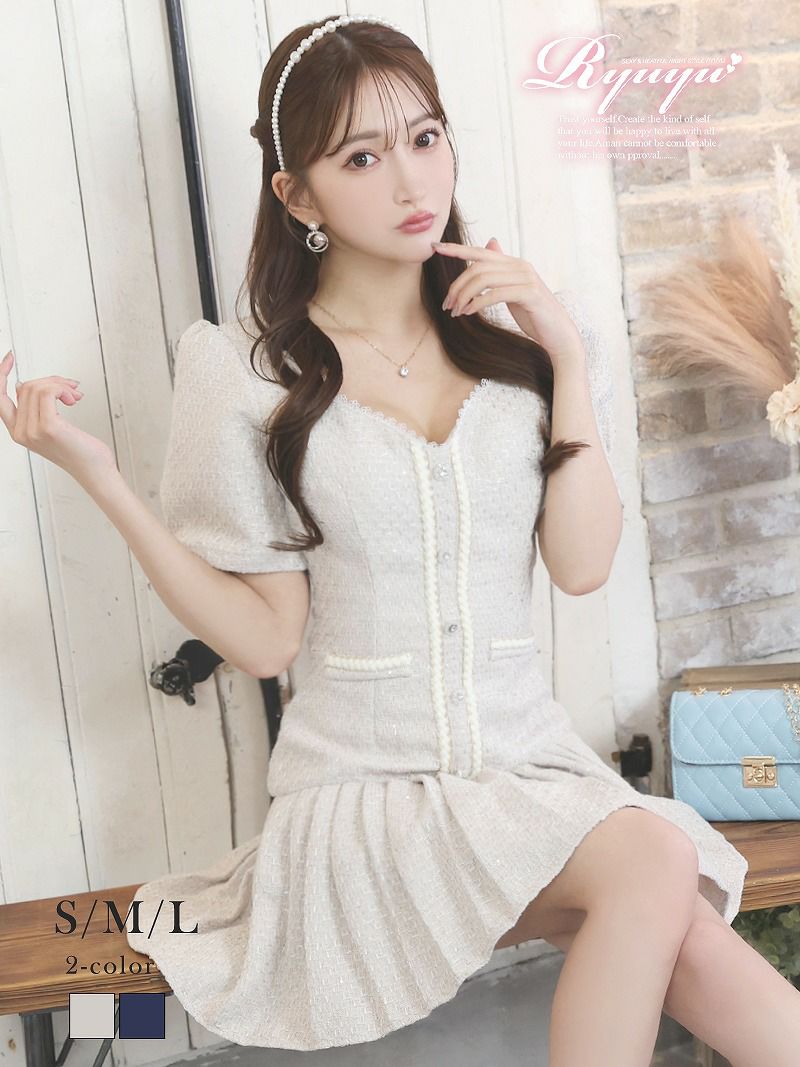 Aラインフリル袖付きキャバ可愛いミニ丈キャバワンピース【Ryuyu】