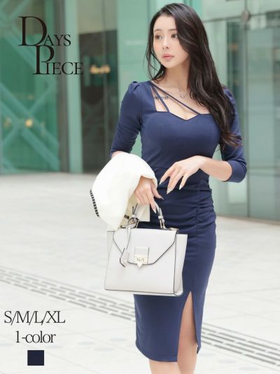 ※一部予約販売※美シルエット袖付きセレブKANO着用キャバワンピース【DAYS PIECE】(S/M/L/XL)(ネイビー)