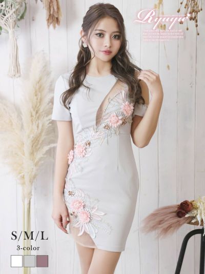 立体フラワー×花柄刺繍アシンメトリー ゆずは着用 キャバ嬢ミニドレス【Ryuyu】(S/M/L)(ピンク/ホワイト/グレー)
