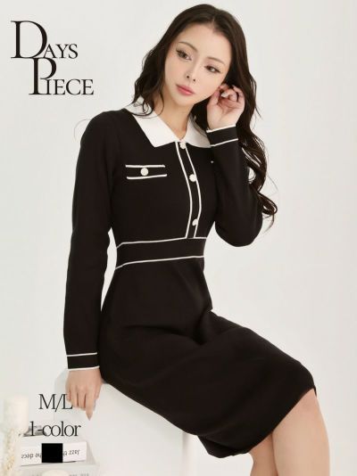モノトーン襟付き長袖ニットタイトキャバワンピース KANO 着用 韓国ワンピース【DaysPiece】(M/L)(ブラック)